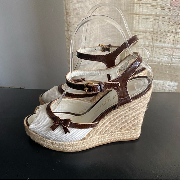 Louis Vuitton espadrille wedges heels white leather buckle strap platform clogs - Picture 6 of 7